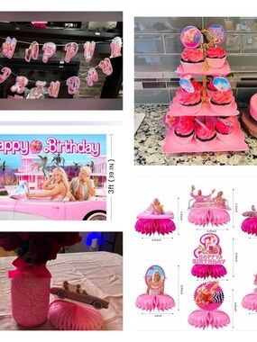 Barbie Birthday Party Decor Bundle –Backdrop, Banner, Cupcake Stand Centerpieces